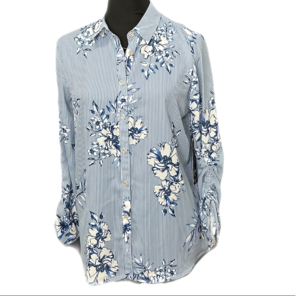 Motion - White and blue stripped floral blouse